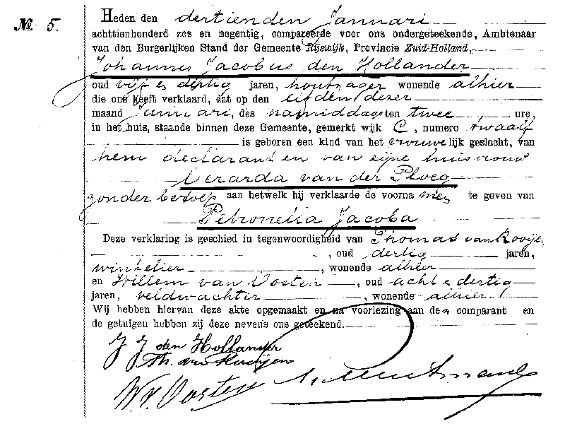 18960113 geb akte 5 Petronella J dv JJ d Hollander - G vd Ploeg